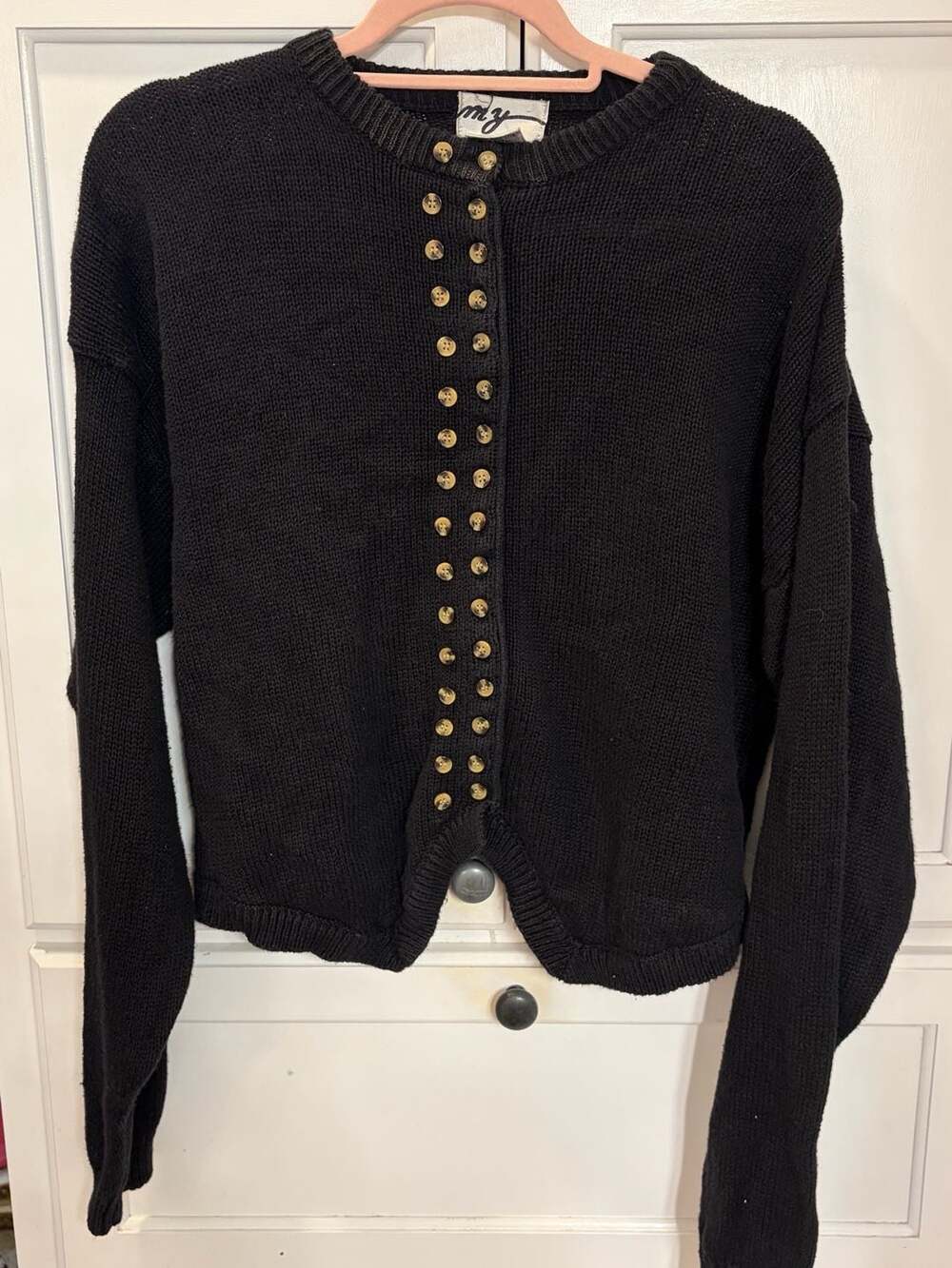 Vintage MY Coastal Black Cotton Cardigan Sweater Double Button Placket Size L